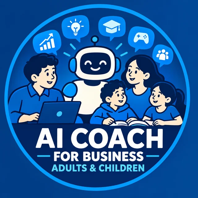 AI Coach logo: a friendly robot helping a family and colleagues learn together